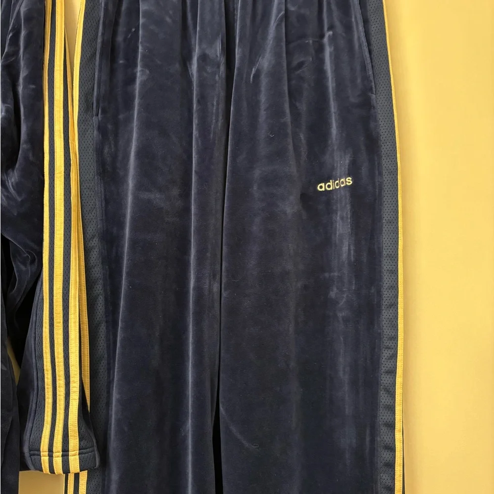 adidas Navy Velour Tracksuit with Cream Stripes